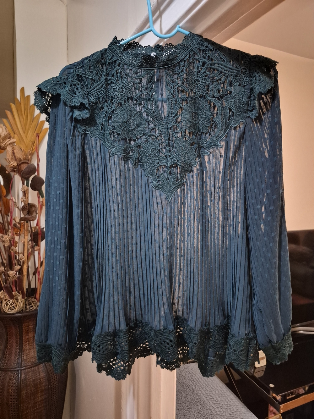 Elegant Dark Teal Lace Yoke Blouse - Women Tops